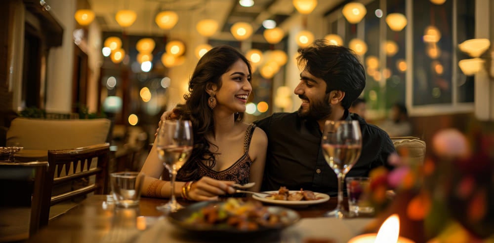 An Indian couple is enjoying dinner at a restaurant.