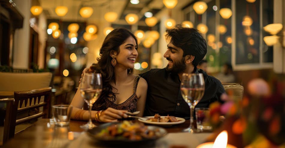 A Indian couple enjoying a romantic dinner at a cozy restaurant