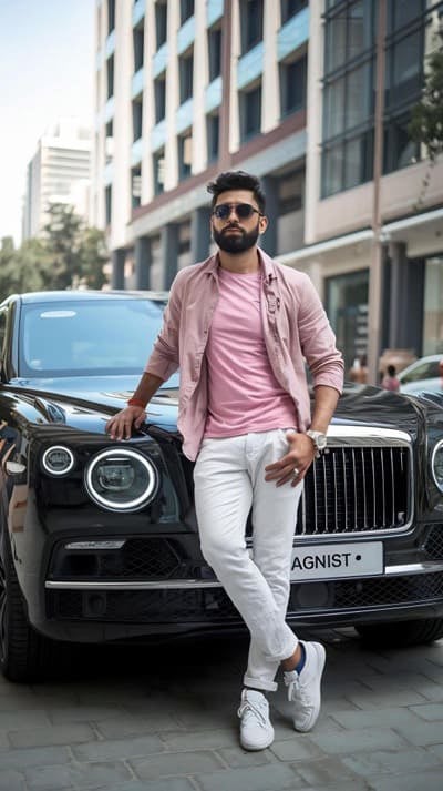 A successful man leaning on his Rolls Royce
