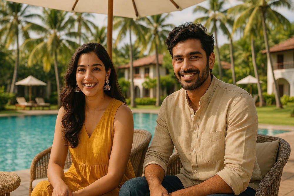 An Indian couple by the swimming pool.